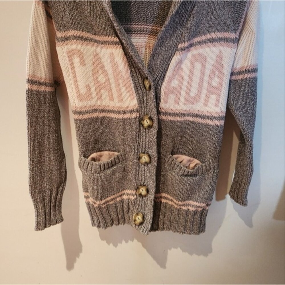 Cotton Country Button Up Knit Canada Pink/Grey Cardigan Maple‎ Leaf Back - Picture 13 of 13